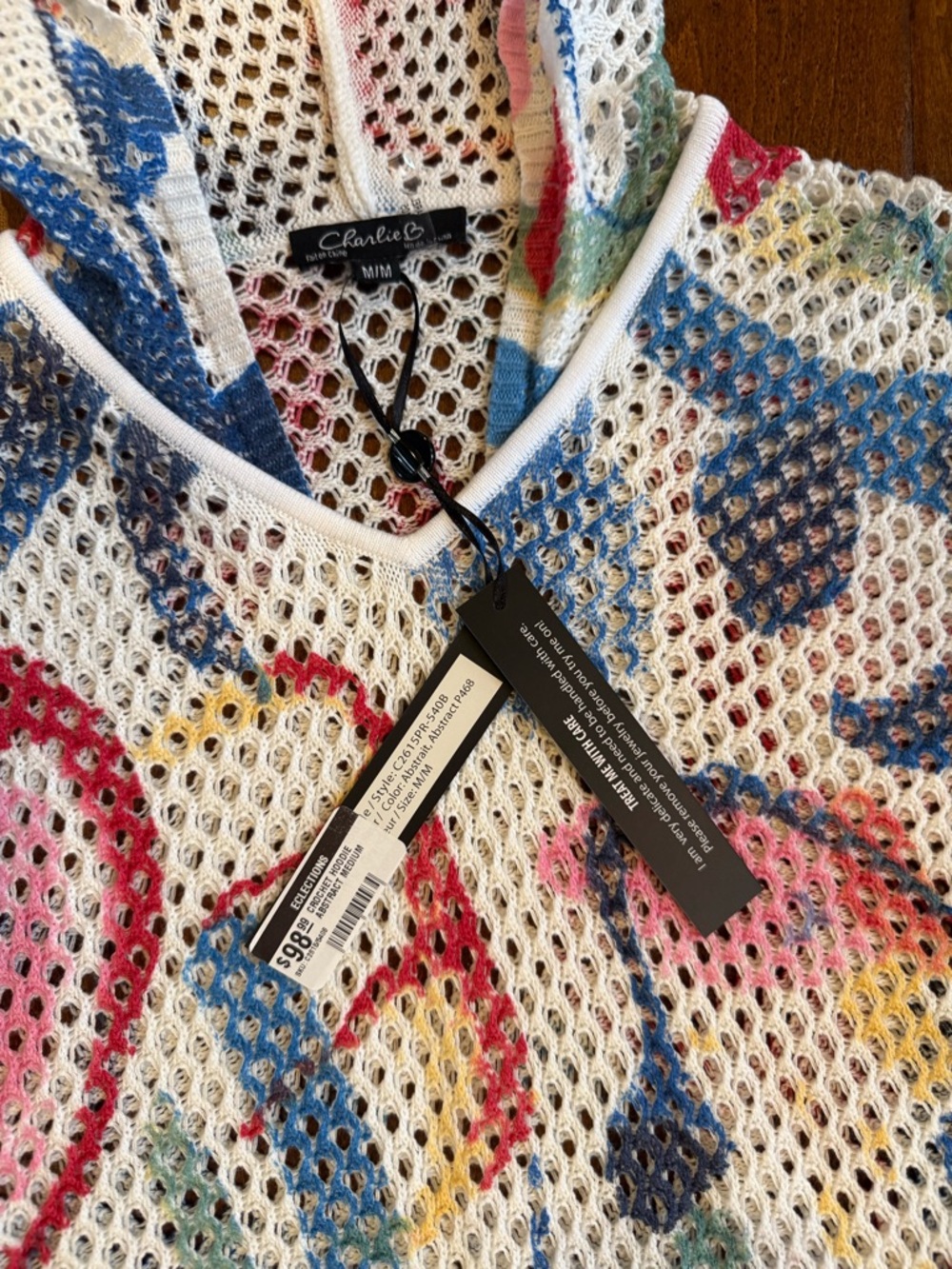 CHARLIE B Hooded Mesh Sweater in Multicolor Abstract Print - Picture 2 of 3